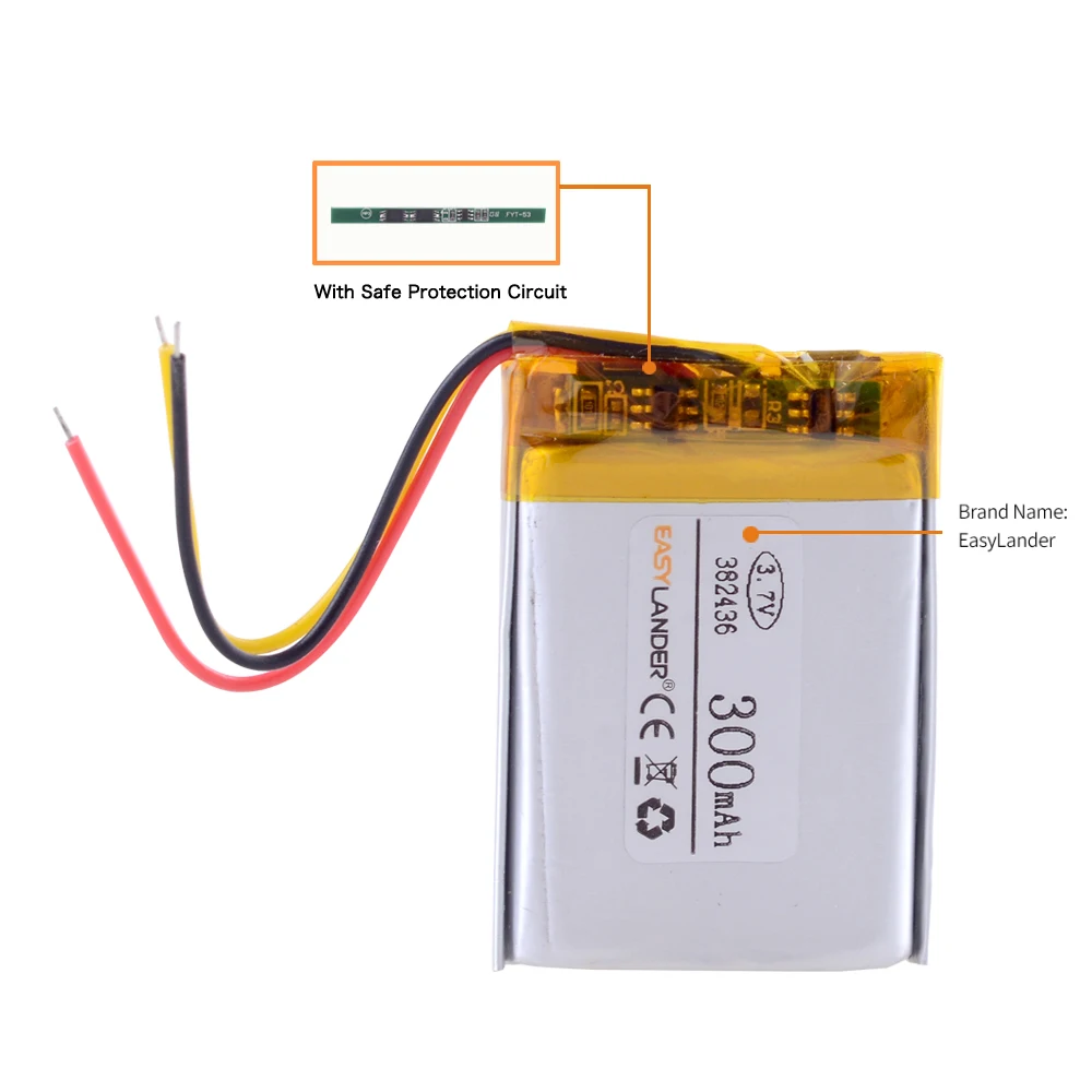 Bateria recarregável do polímero do Li-íon do lítio, 3 linhas, 382436, 3.7V, 300mAh, para GPS, MP3, telefone celular, orador