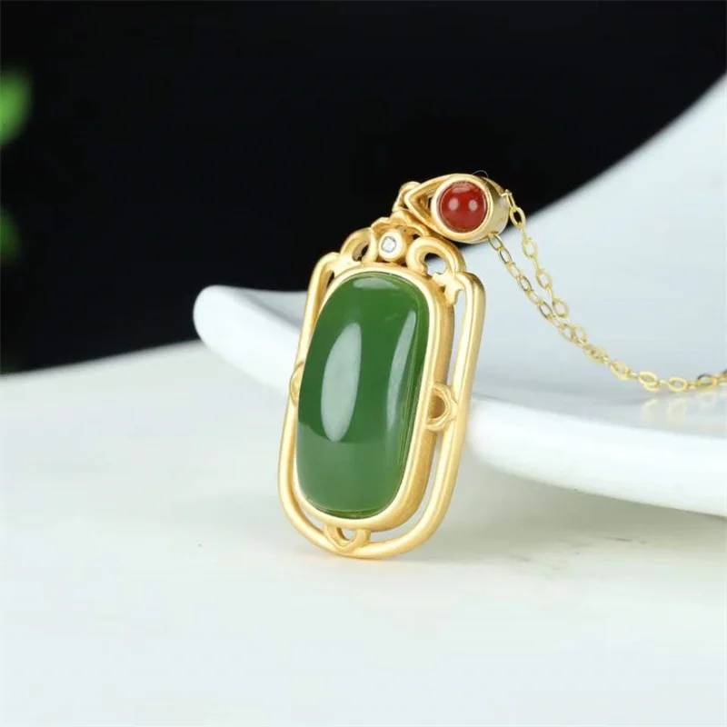 Hot Selling Natural Hand-carved  925 Silver Gufajin Inlay Green Jade Brand Necklace Pendant Fashion Jewelry Men Women Luck Gifts