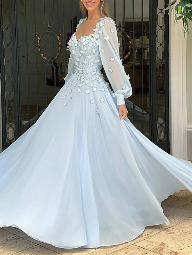 Elegante abito da ballo con fiori 3D 2021 scollo tondo manica lunga in Chiffon abiti da sera da sera Robe De Soiree abiti