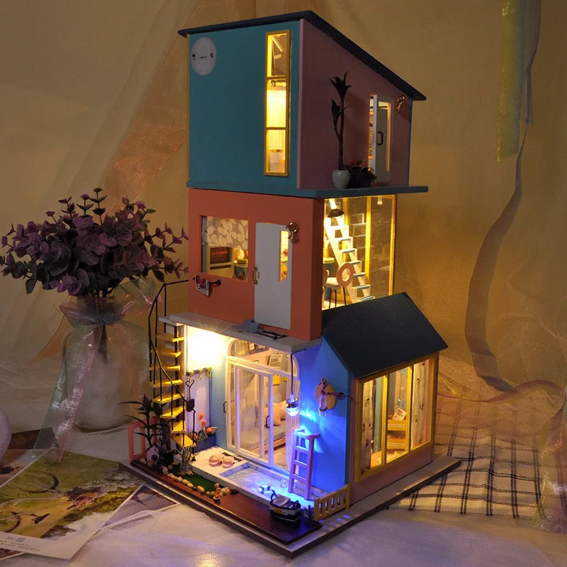 

DIY Dollhouse Kit Wooden Doll Houses Wooden Modern City Loft Miniature Furnitures Lamp Bed Toys For Children Christmas Gift