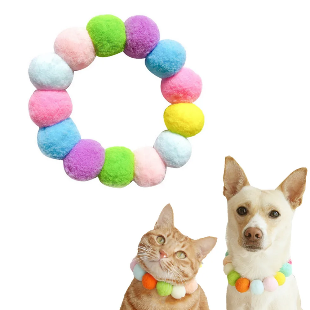 Cute Dog Cat Plush Ball Necklace Soft Elasticity Collar Pet Neck Accessories Macaron Pompom Ball Necklace Gift for Puppy Kitty