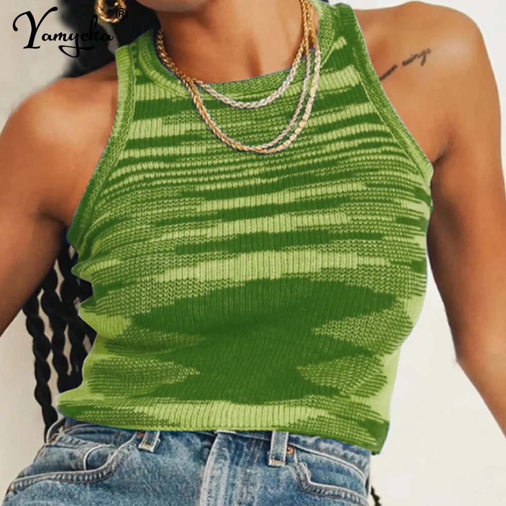 Camiseta sin mangas de punto verde Sexy para mujer, ropa de calle vintage y2k, top corto, trajes de fiesta para club nocturno, tops para mujer 2024