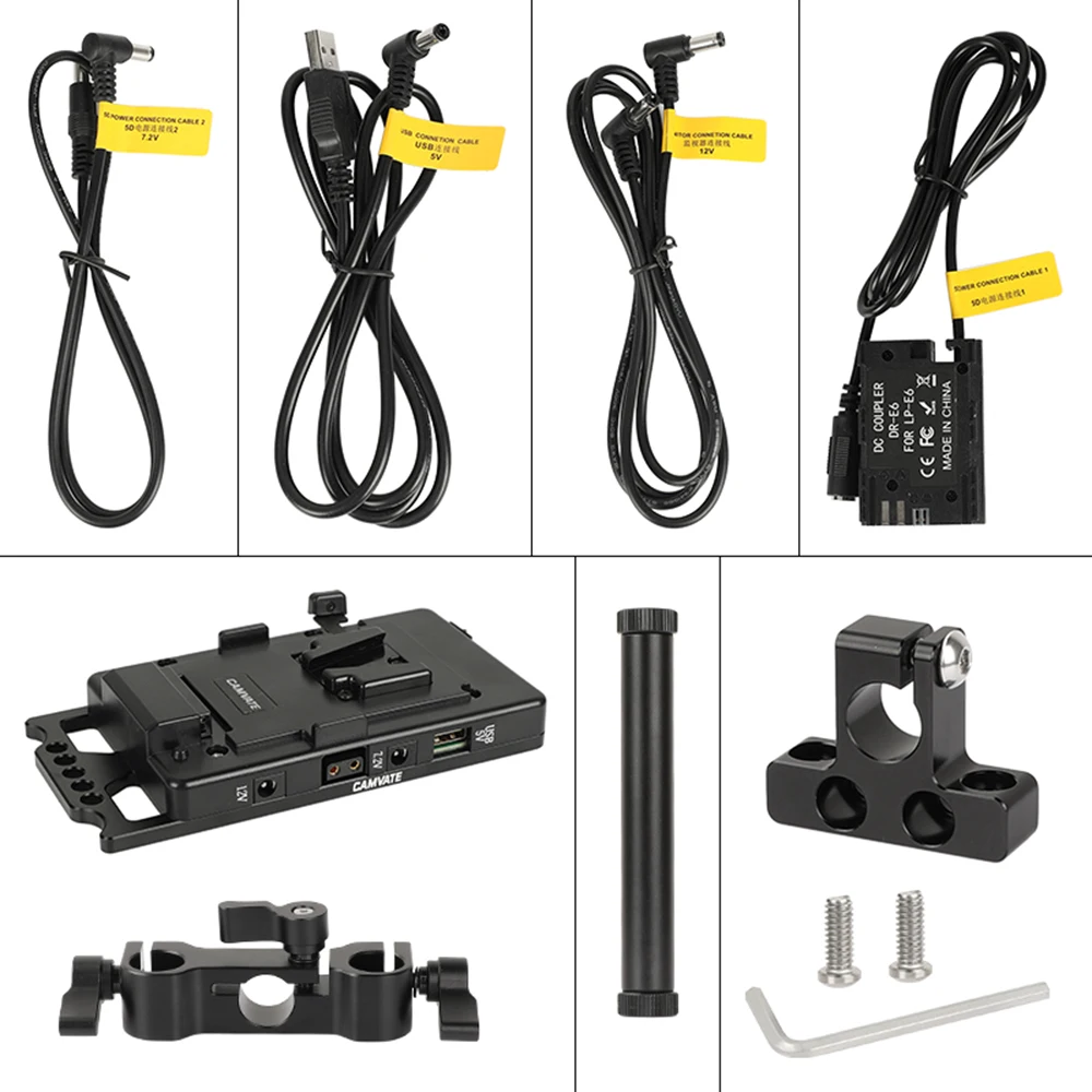 Adattatore Splitter di alimentazione con piastra v-lock a sgancio rapido CAMVATE con piastra posteriore e ringhiere da 15mm per montaggio batteria fotocamera DSLR