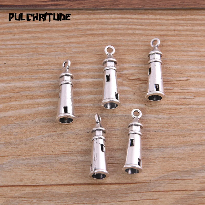 

PULCHRITUDE 15PCS 8*8*25mm Antique Silver Color Metal Zinc Alloy Lighthouse Charms Fit Jewelry Pendant Charms Makings