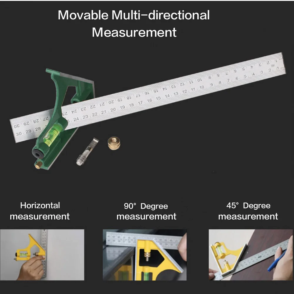 12 Inch 300mm Adjustable Combination Square Angle Ruler 45 / 90 Degree With Bubble Level Multifunctional Gauge Measuring Tools