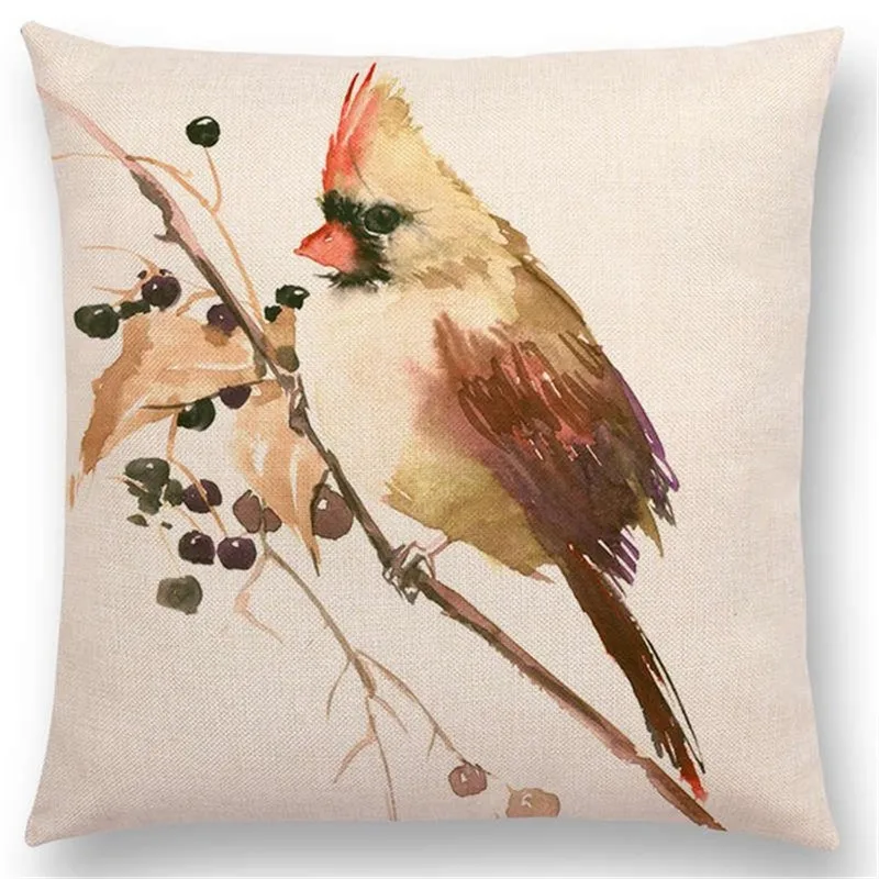 Watercolor Birds Decorative Cotton Linen Cushion Cover Hummingbird Goldfinch Chickadee Cardinal Kingfisher Sofa Pillow Case
