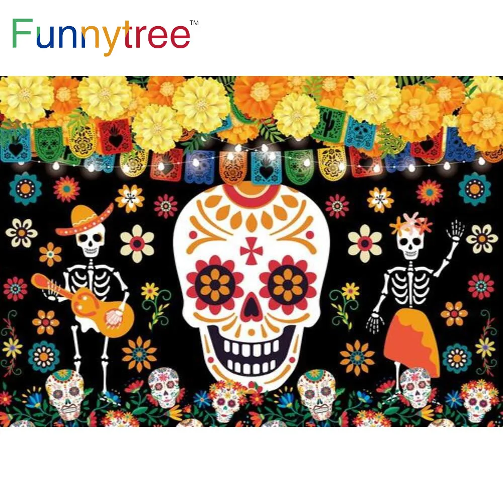 

Funnytree Day of the Dead Mexico Backdrop Party Sugar Skull Marigold Flower Fiesta Guitar Banner Event Background Photocall