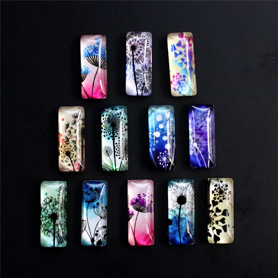 10x25mm Random Mixed  Dandelion flower Rectangle Pattern Glass Cabochon Flatback Photo Tray Blank DIY Accessories Paird 10pcs