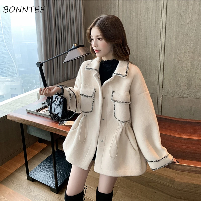 

Blends Women Wool Coat Long Sleeve Teens Single Breasted Fashion Female Causal Elegant Fall Outwear Sweet Girl BF Aesthetic Chic