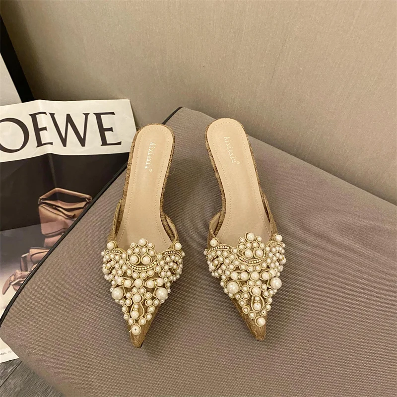 Pointed Toe Women Slippers Pearl Design Shallow Slip On Mules Shoes Thin Mid Heels Black/Beige/Brown Summer Party Slides Mules