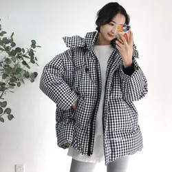 Winter 90% Duck down Coat Chic 2022 Retro Classic Black White Plaid  Loose Hooded Female Puffer Down Jackets For Women