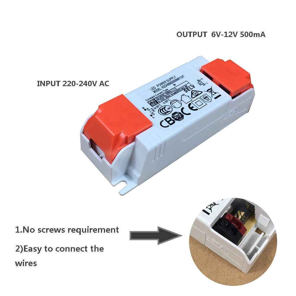 Eye Protection Constant Current LED Transformer 500mA for Mini Light IP20 6V 9V 12V Screew Free Driver with Terminal for 2x3W