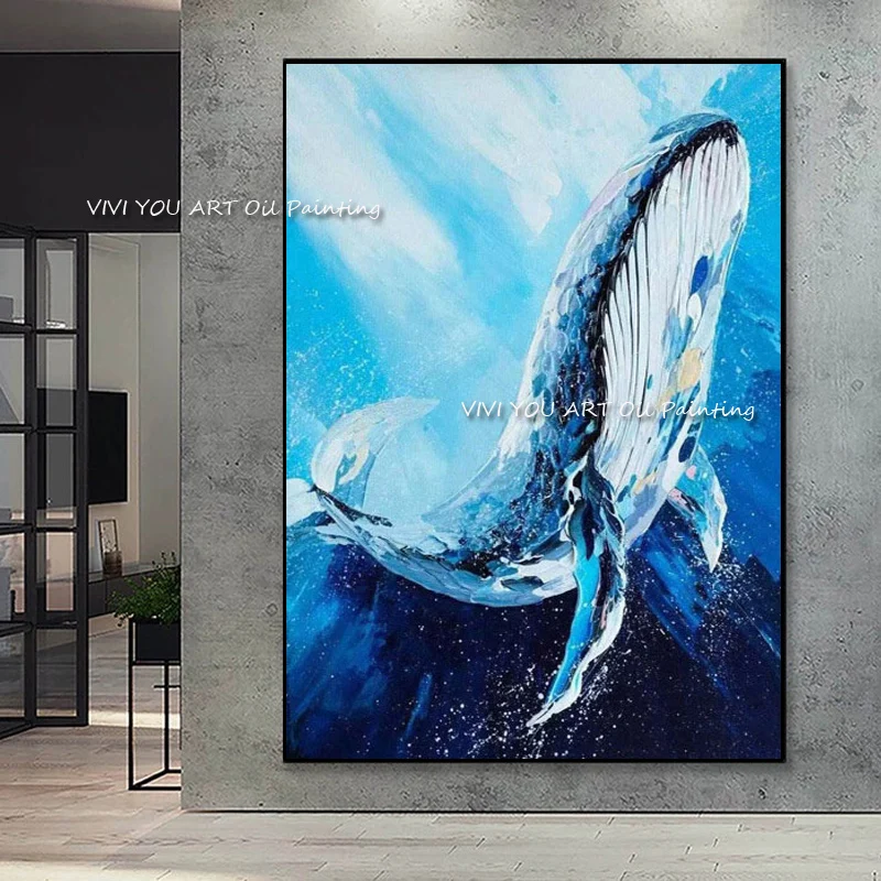 

Large Size Whale Ocean Canvas 100% Handmade Oil Painting Nordic Poster Wall Art Blue Painting for Living Room Decoration