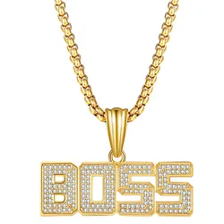 Punk Crystal Letter Boss Pendant  Gold Color Long Cuban Chain Necklace Hip Hop Choker Jewelry for Men Women