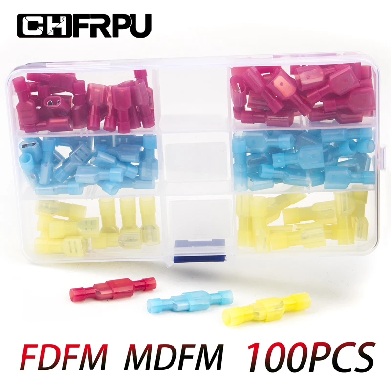 

100PCS set MDFN FDFN MDFN + FDFN NYLON insulated spade terminal male and female connector terminal cable butt terminal crimping