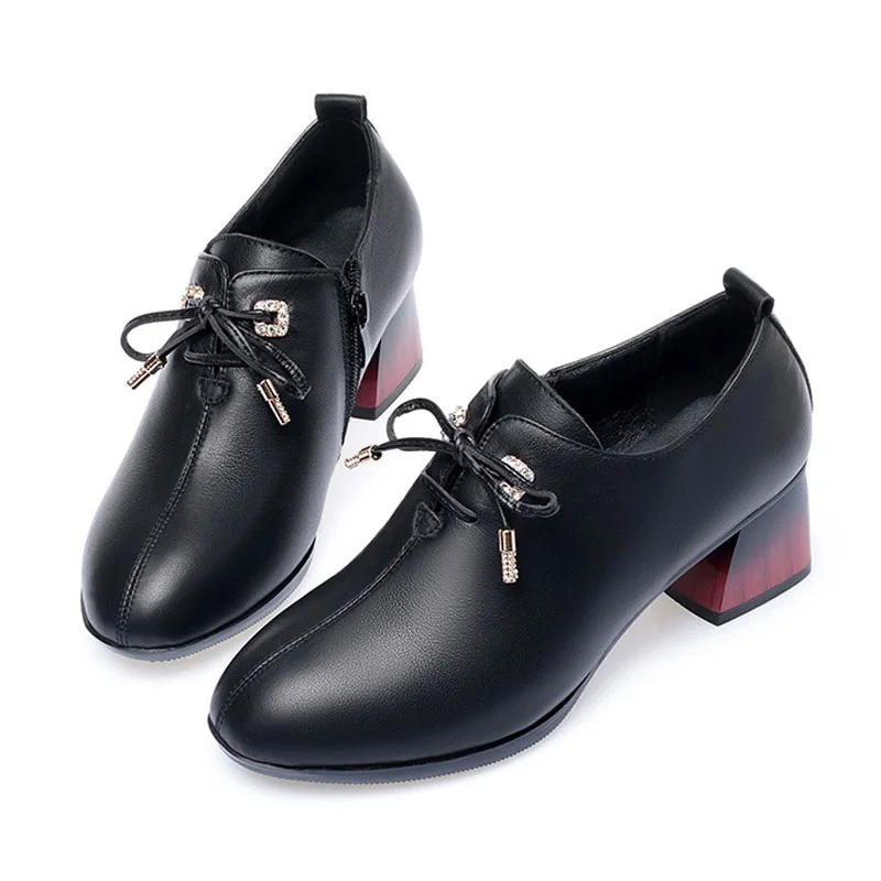 DRKANOL 2024 Fashion Women Thick Heel Shoes Genuine Leather Side Zipper Cross-tied Pumps Lady Shallow Rhinestone Casual Shoes