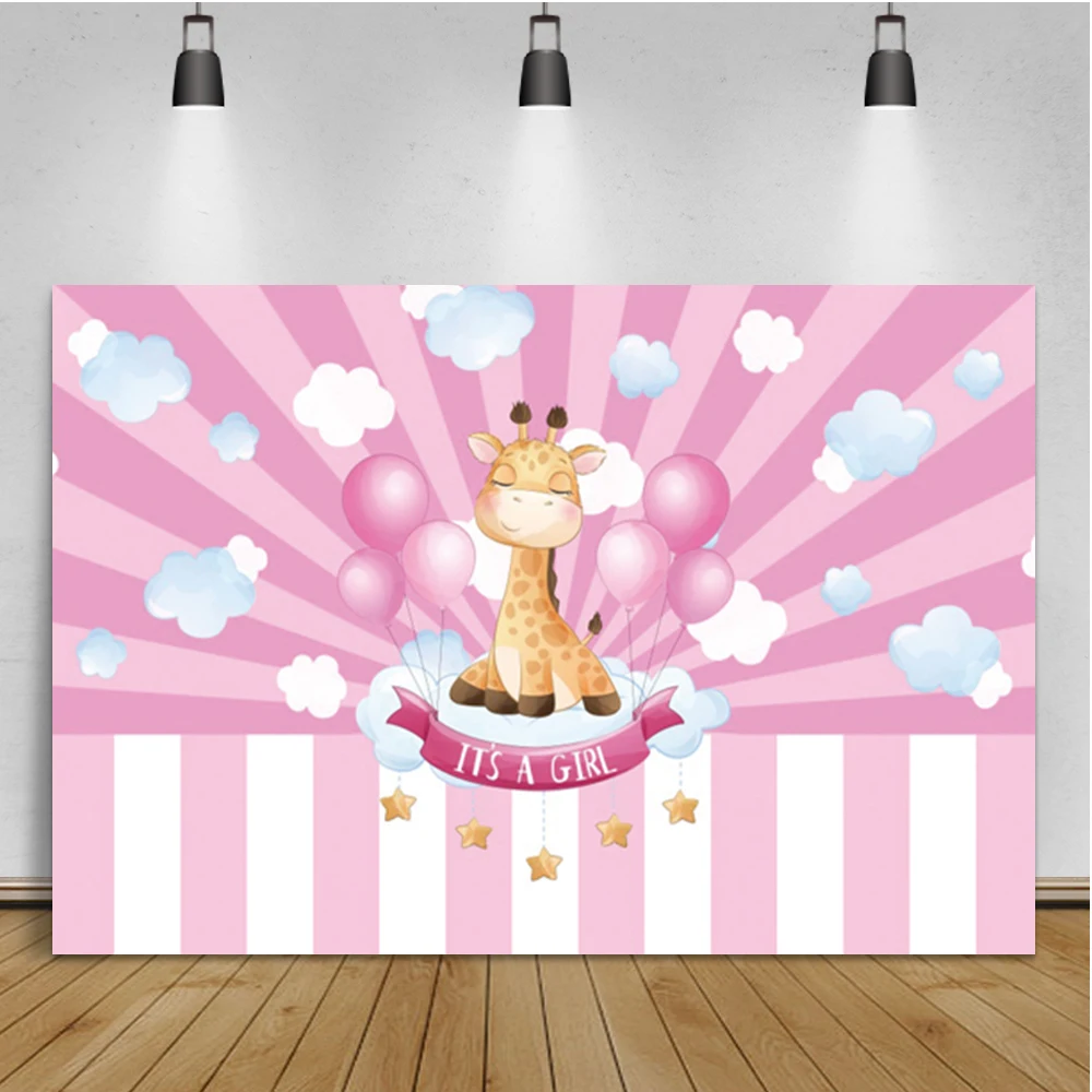 Laeacco Cartoon Giraffe Pink Stripes Baby Birthday Party Portrait Custom Backdrop Photographic Photo Background For Photo Studio