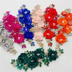 2pcs New design handmade 3d flower sew on applique embroidery rhinestone flower patch for wedding dress