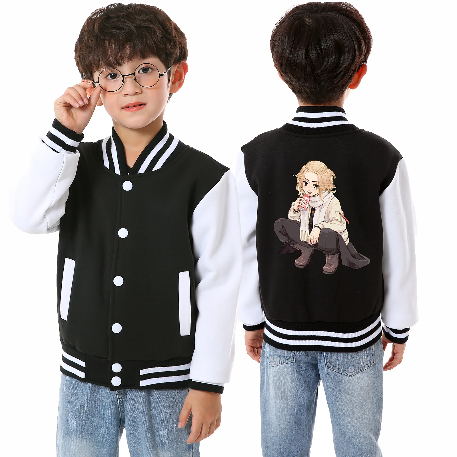 

Tokyo Revengers Kids Baseball Coat Cute Mikey Print Children Long-sleeve Single-breasted Sportswear Cardigan Jackets Pocket Top