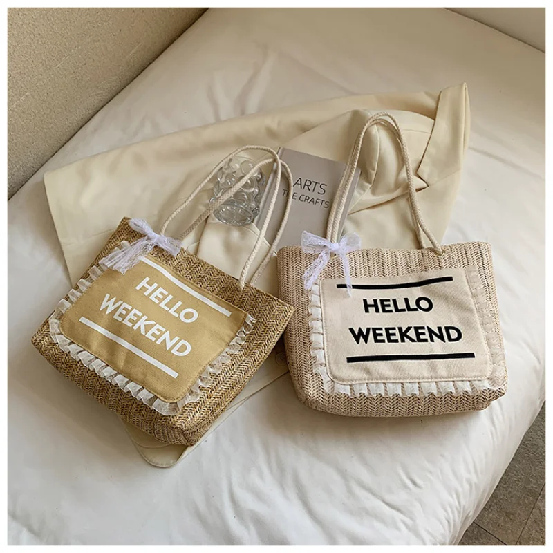 Elegant Women Summer Straw Bag Hand-Woven Underarm Bags Lace Bow Rattan Bag Large Capacity Casual Tote Bags Beach Travel Handbag