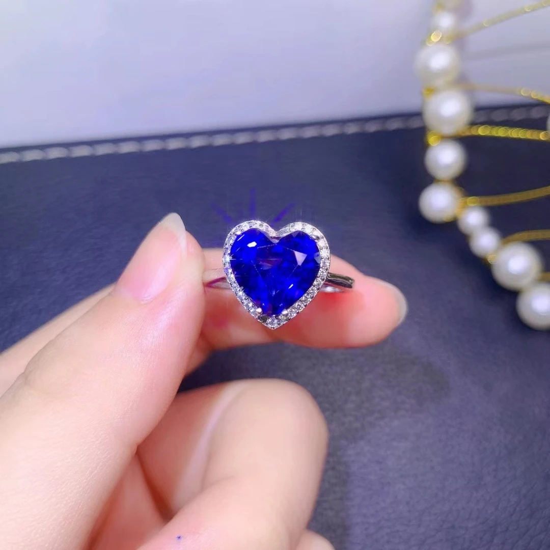 Fine Jewelry 925 Sterling Silver Inset With Natural Gemstone Women's Classic Exquisite Heart Sapphire Adjustable Ring Support De