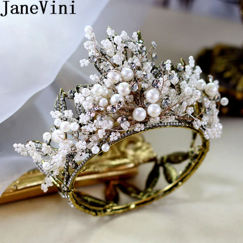 JaneVini Vintage Pearl Round Bridal Tiara Wedding Crown Luxury Jewelry Rhinestone Headpieces Bride Hair Accessories Party Crowns