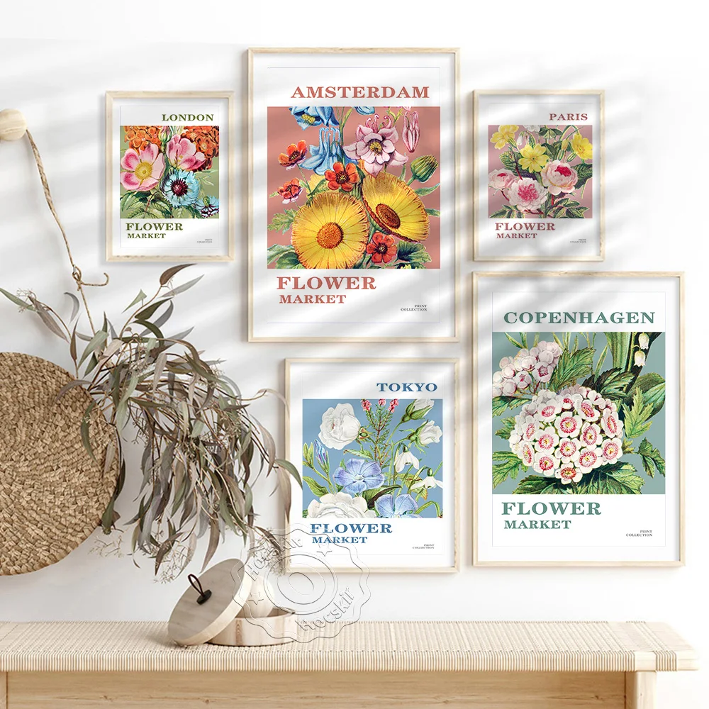 Stostockholm Tokyo Paris Copenhagen London Amsterdam Flower Market Art Poster, Watercolour Flowers Art Prints, Home Decor Mural