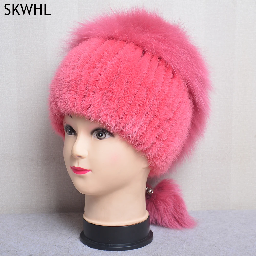 

Hot Sale Real Mink Fur Hat For Winter Women Imported Knitted Mink Cap With Fox Fur High Quality Women Warm Real Fur Beanies Hat