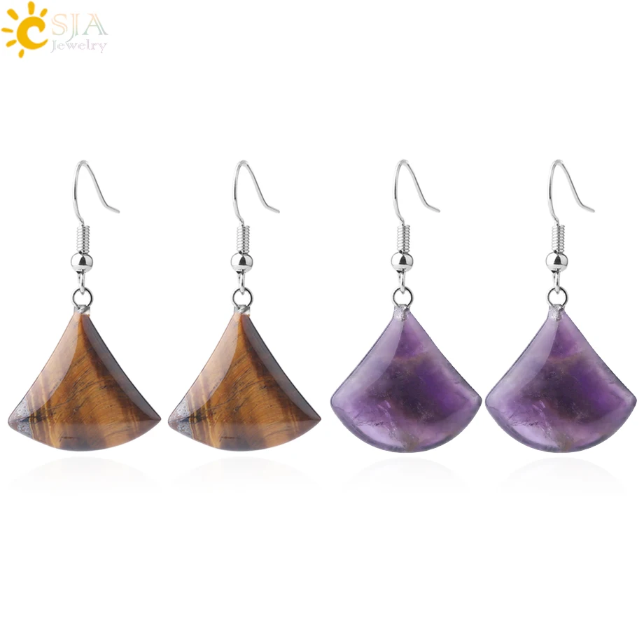 1pc Natural Stone Drop Earrings for Women Small Fan-shaped Earring Purple Pink Quartz Lapis Lazuli Crystal Tiger Eye F828