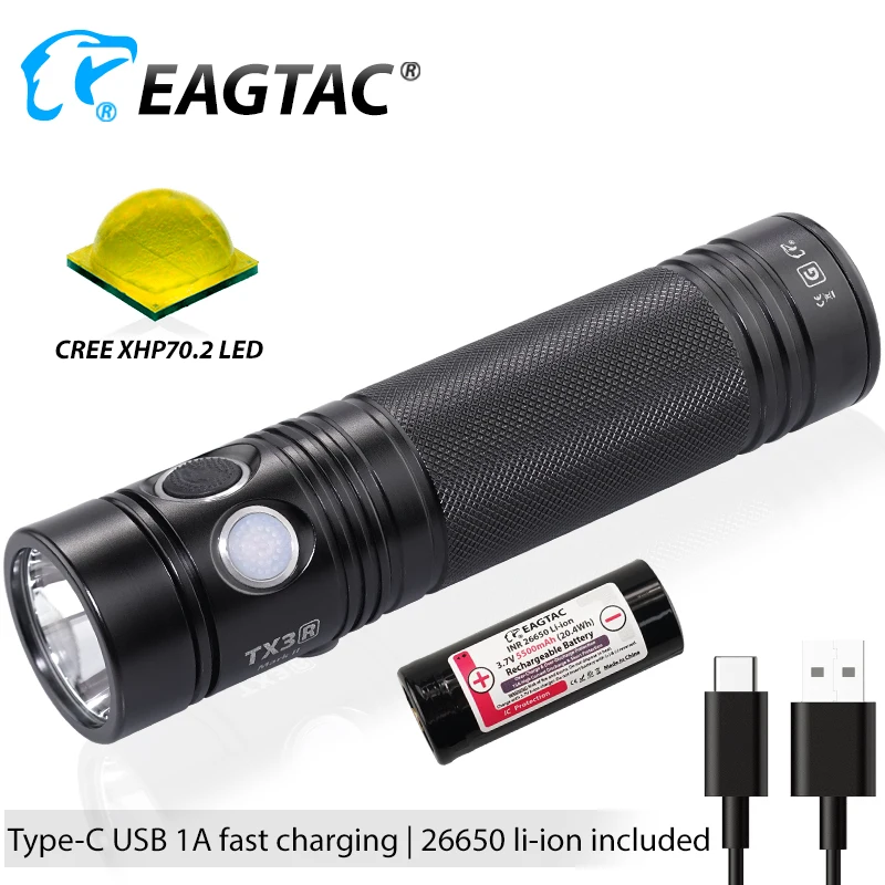 

EAGTAC TX3G SFT40 LED Flashlight 3550 Lumens Type C USB Rechargeable 26650 Battery Super-Bright-Torch Double Side Switch