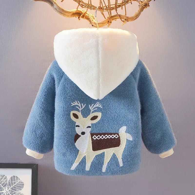 New Spring Winter Girl Coat Jackets Warm Clothing Kids Teenage Hooded Tops Thicken Plus Velvet High Quality Fluff Cartoons Fawn