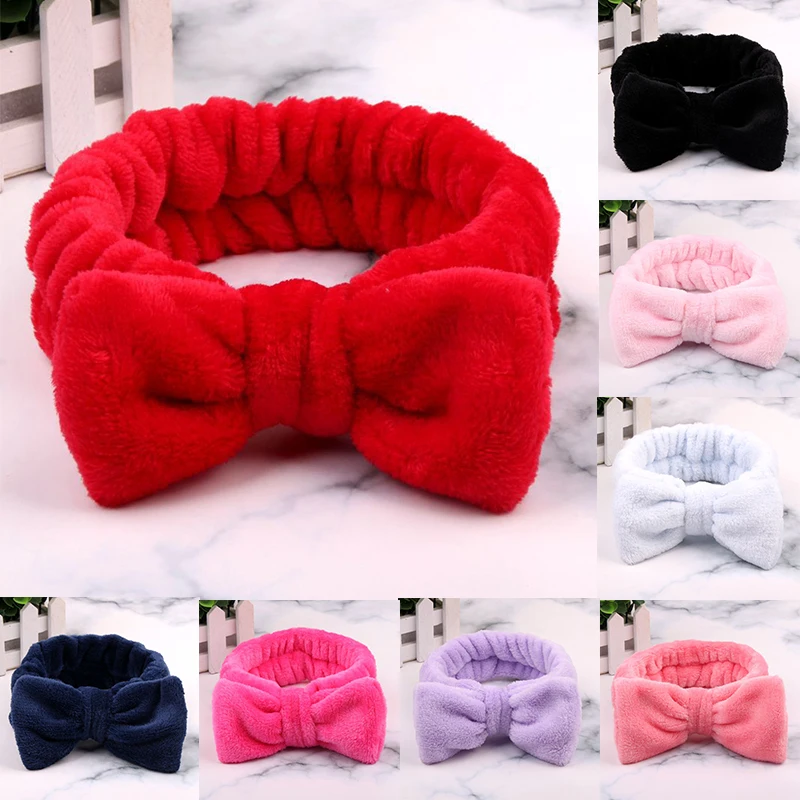 

Free Shipping Coral Fleece Bow Makeup Hair Band Solid Color Wash Face Headbands Fashion Girls Turban Head Wraps Hair Accessories