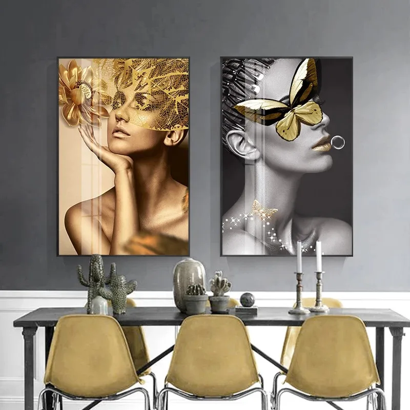 

Poster wall art picture fashion woman butterfly lips gold and white black modern home canvas painting beauty home decoration