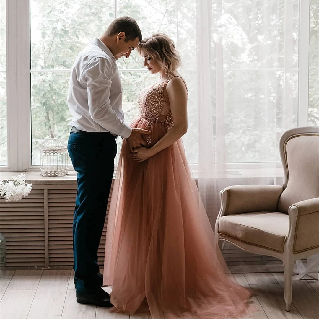 Maternity Dresses Evening for Women Plus Size Prom Gowns Beaded Sequins Side Split Tulle Pregnancy Bride Robe De Marrige