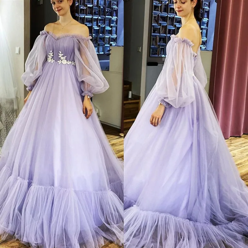 Elegante 2021 manga longa roxo a linha vestido de noite tule apliques barco pescoço baile formal vestido sem costas rendas até roupões de soirée