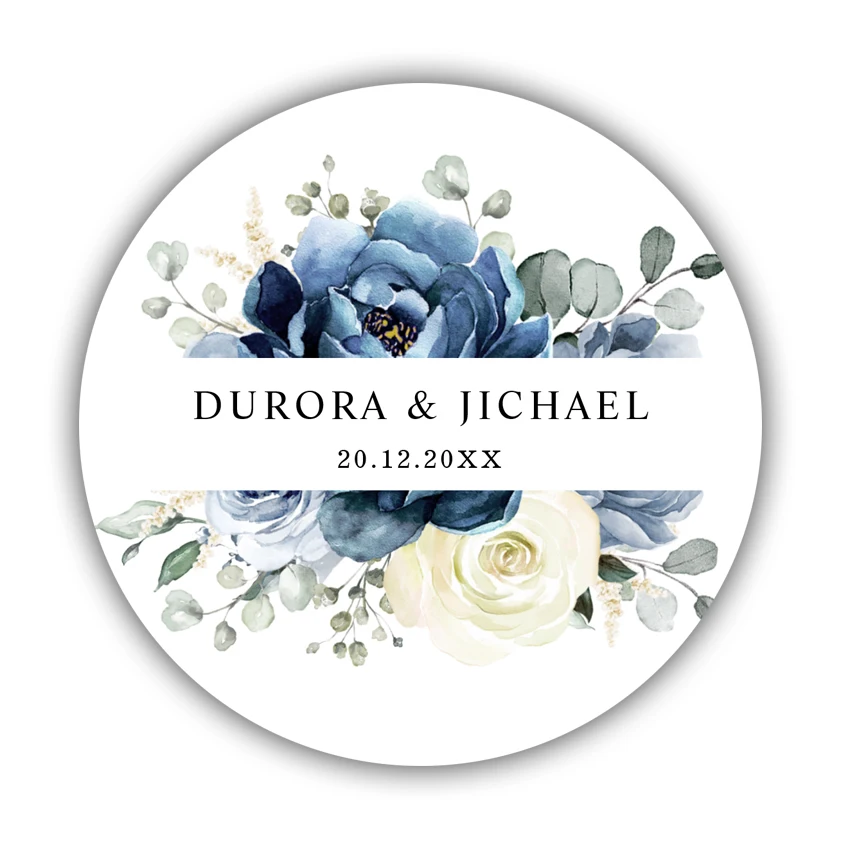 Personalized Label Stickers for Wedding, Classic Round Sticker, Dusty Blue, Navy Champagne, Ivory Floral, 1.5-3