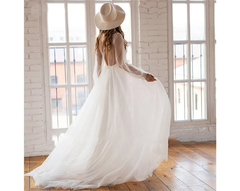 11196#Polka Dot  Bridal Dress Floor Length  Simple Tulle Modest Romantic  Open Back  Wedding Dress Bridal Gown Customized