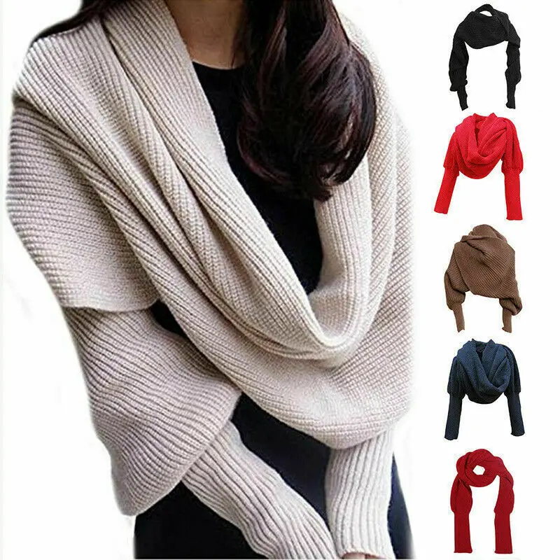 10 Colors Unisex Men Women Knitted Sweater Tops Scarf with Sleeve Wrap Winter Warm Shawl Scarves Sweaters