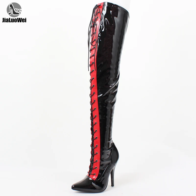 Women\'s Fashion Sexy Fetish Thin high Heels Patent Leather Pointed Toe Stiletto Lace-Up motorcycle over-the-knee Thigh boots