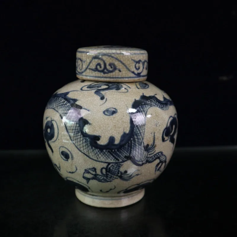 Chinese Old Porcelain Cracked Glaze Blue And White Dragon Pattern Cover Can