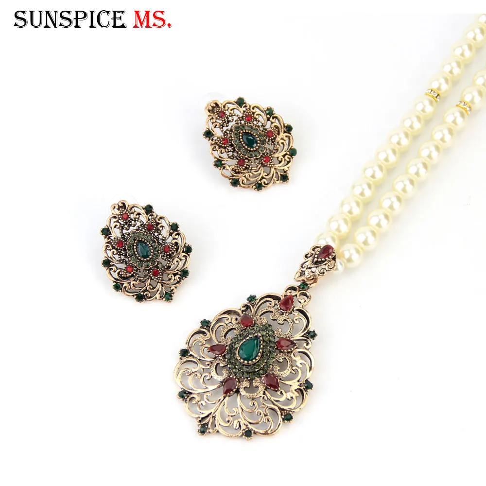 Sunspicems Gold Color Morocco Pearl Chain Pendant Necklace Earring Sets for Women Arabic Ethnic Bride Wedding Jewelry