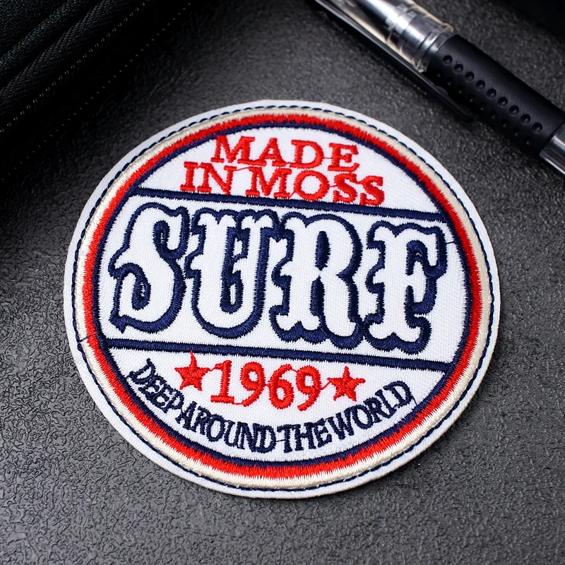 SURF Size:8.1x8.3cm Cloth Patch Embroidered Applique Sewing Clothes Apparel Accessories Badges Circular White