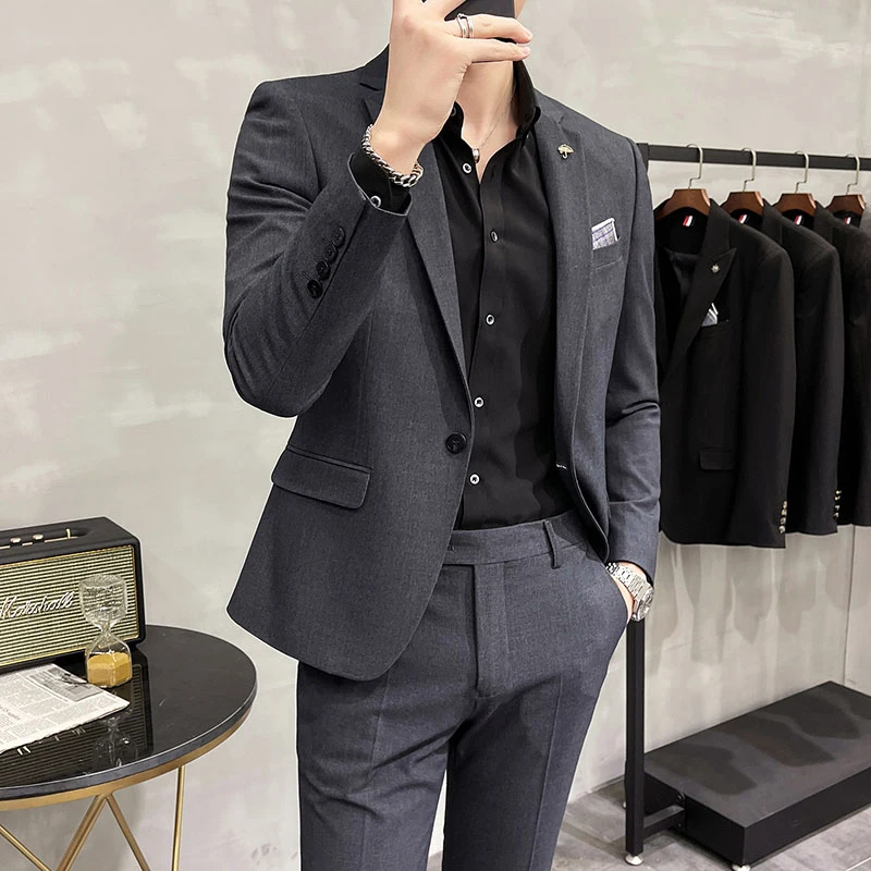 Men's Suit Jacket with Pant Formal Slim Fit Business Work Wedding Stage Tuxedo Fashion Best Men Social Dress Suit 2 Pieces Sets