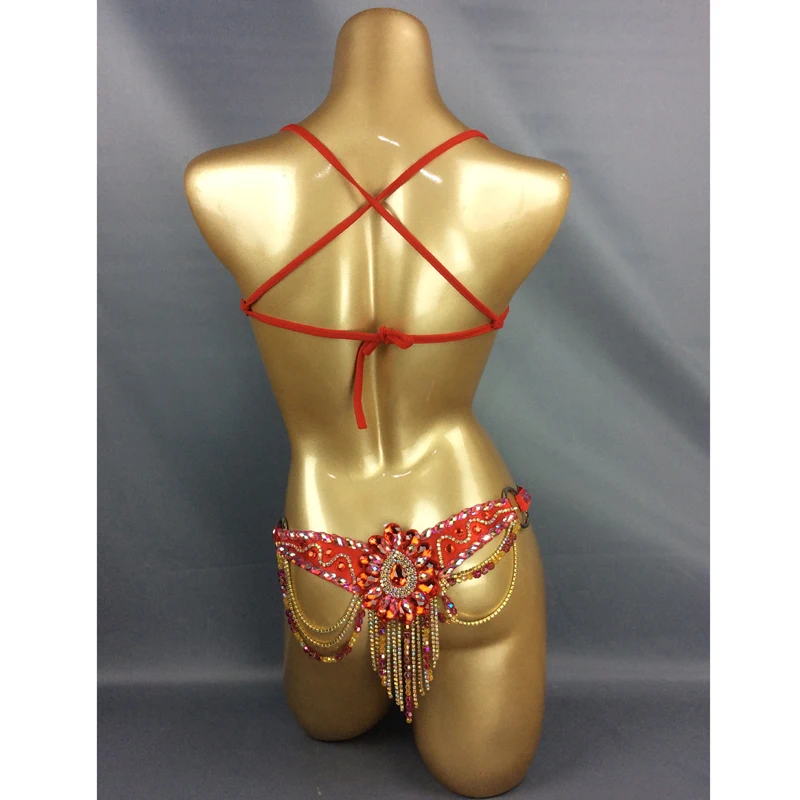 Samba Carnival Wire Bra & Belt 2pcs/Set Rainbow stones free shipping CB010 Red