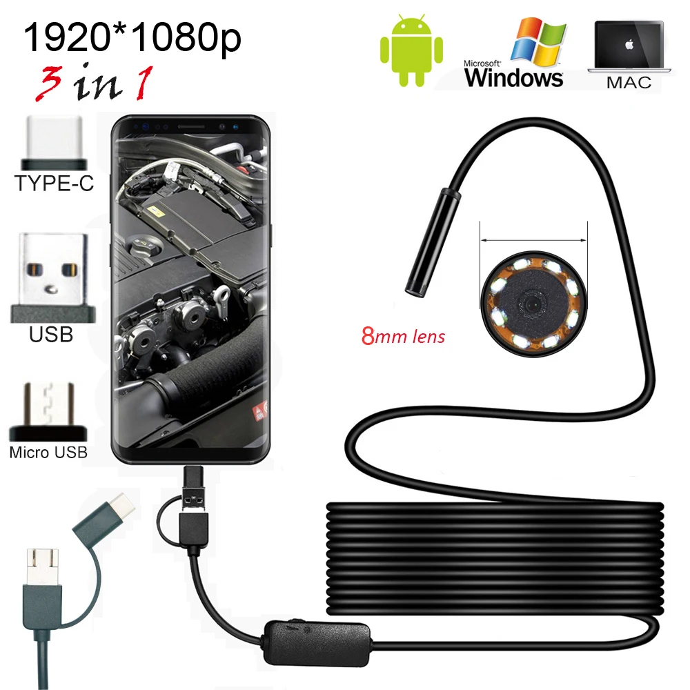 

New 8.0mm Endoscope Camera 1080P HD USB Endoscope with 8 LED 1/2/5M Cable Waterproof Inspection Borescope for Android PC