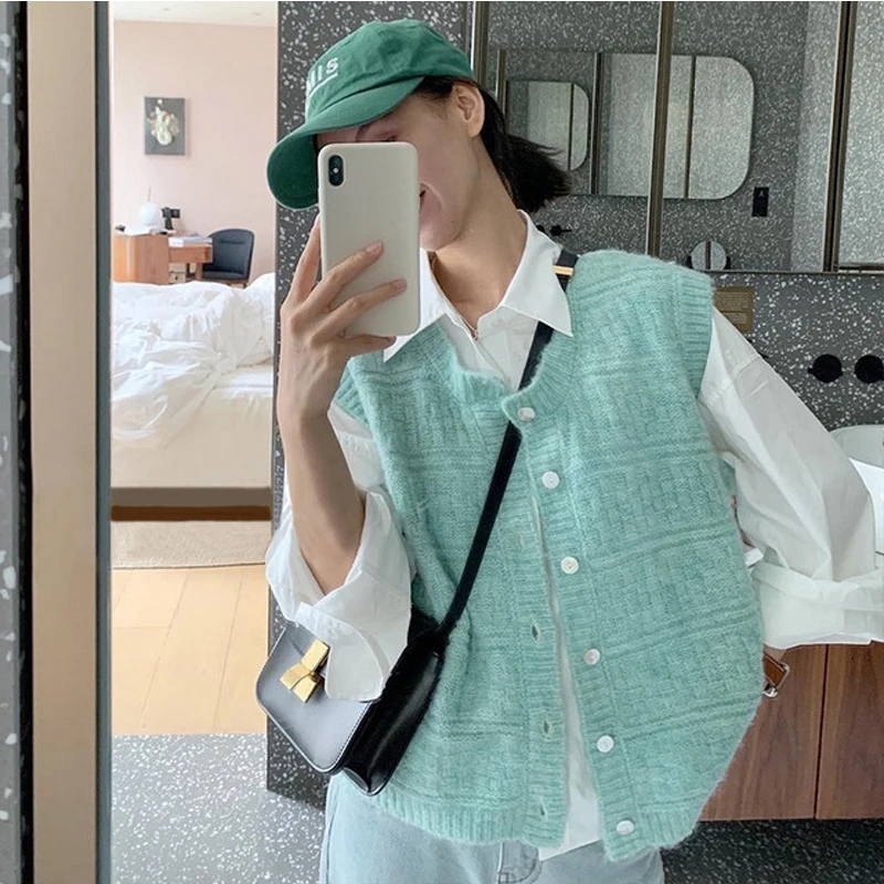 Korean Style Cardigan Mint Green Women Sweater Sleeveless Designer Knitted Garment Loose Casual Solid Knitted Vest 2021 Autumn