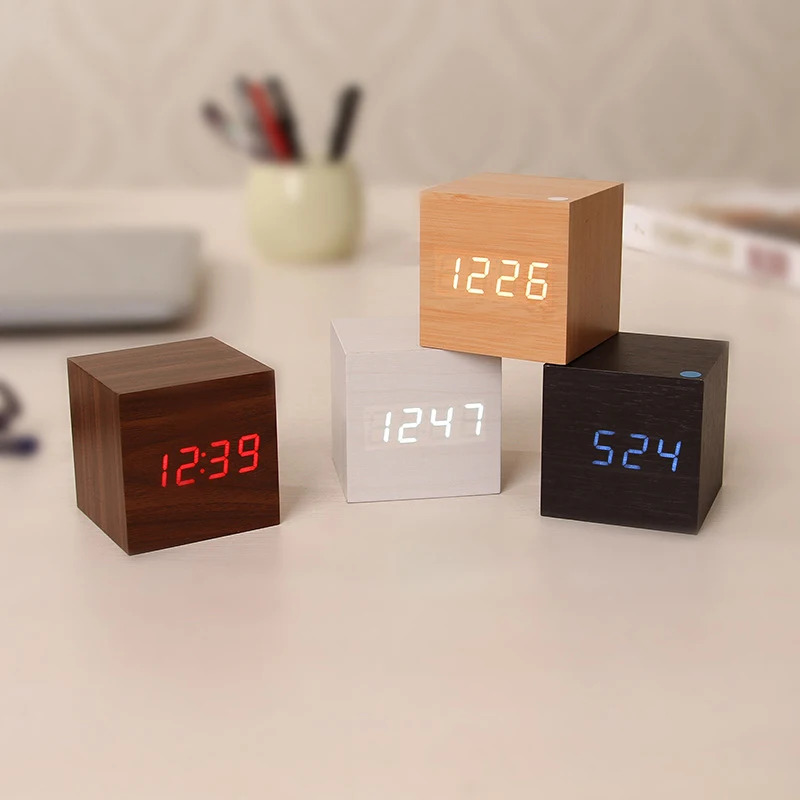 Multicolor Sound Control Wooden Wood Square LED Alarm Clock Desktop Table Digital Thermometer Wood USB/AAA Date Display