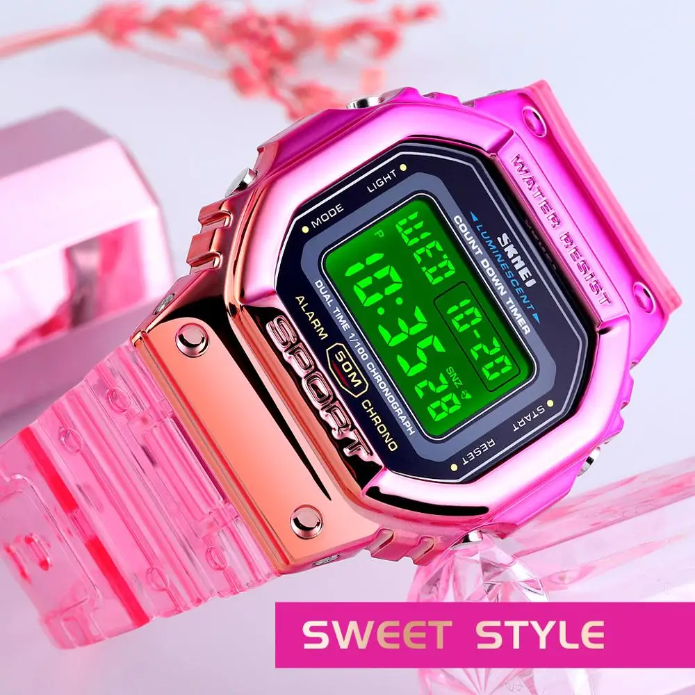 SKMEI-reloj de pulsera Digital para mujer, pulsera transparente con funda galvanizada, a prueba de golpes, a la moda