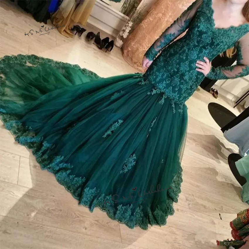 

Elegant Women Green Mermaid Evening Dresses Long Sleeve Lace Prom Dress V Neck Court Train Applique Vestidos de Noche 2020