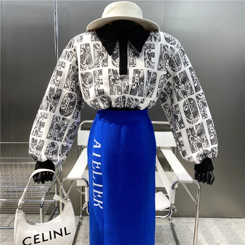 New Brand Original Design Full Print Drawing Waist Closing Sweater With Velvet Contrast Lapel Buckle Short Bubble Sleeve Top